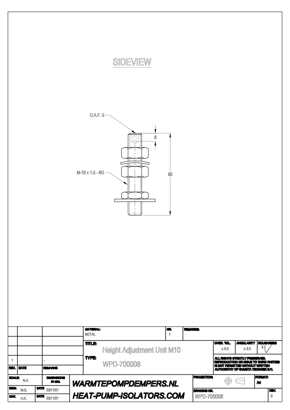 Stelstift - M-10 - Lengte 60 mm.