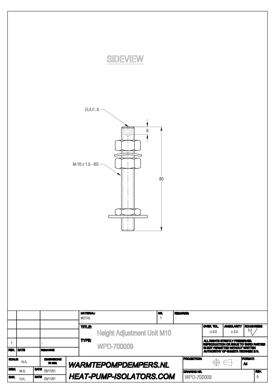 Stelstift - M-10 - Lengte 80 mm.