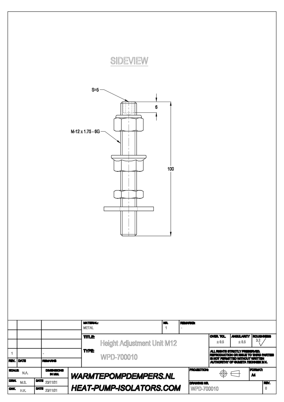 Stelstift - M-12 - Lengte 100 mm.