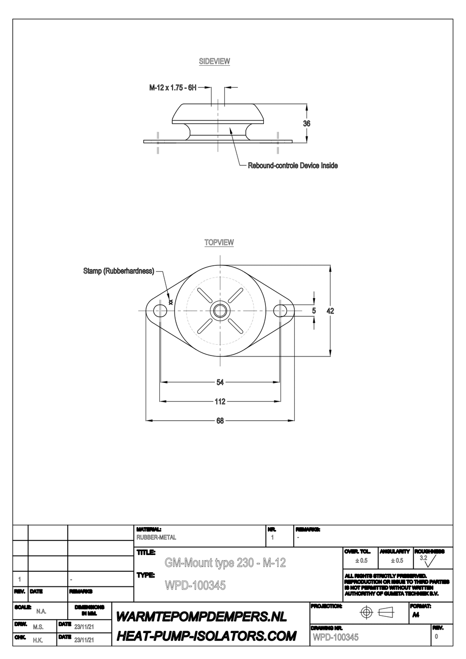 Trillingsdemper Airco / Warmtepomp - GM Mount type 230 - M12 - 40 shore - max. 75kg