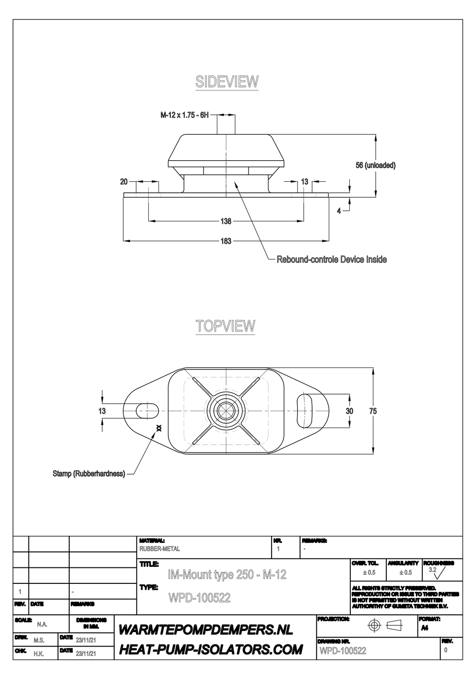 Trillingsdemper Airco / Warmtepomp - IM-Mount type 250 - M12 - 35 shore - max. 80 kg