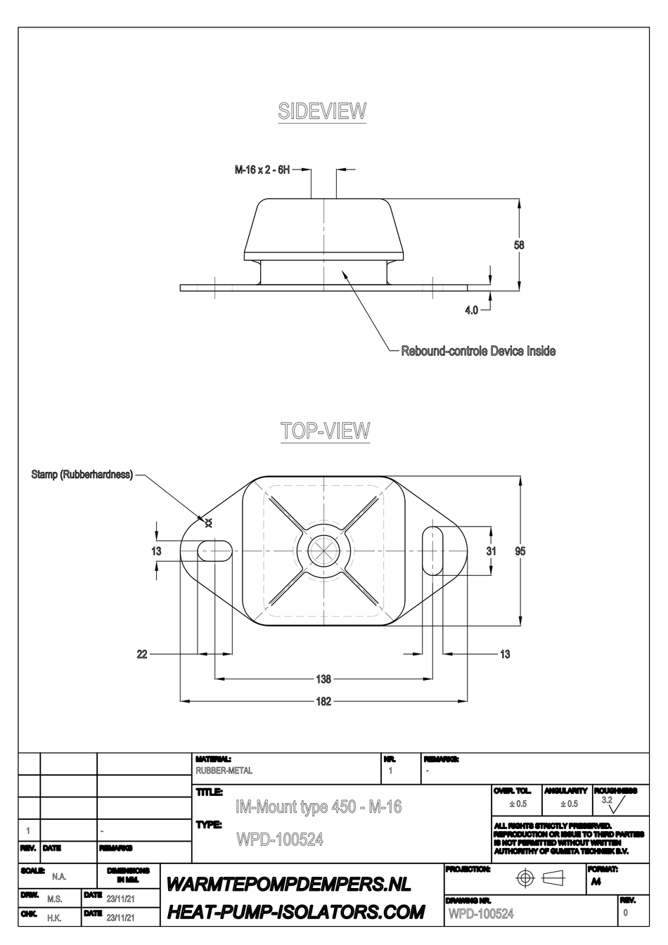 Trillingsdemper Airco / Warmtepomp - IM-Mount type 450 - M16 - 35 shore - max. 100 kg