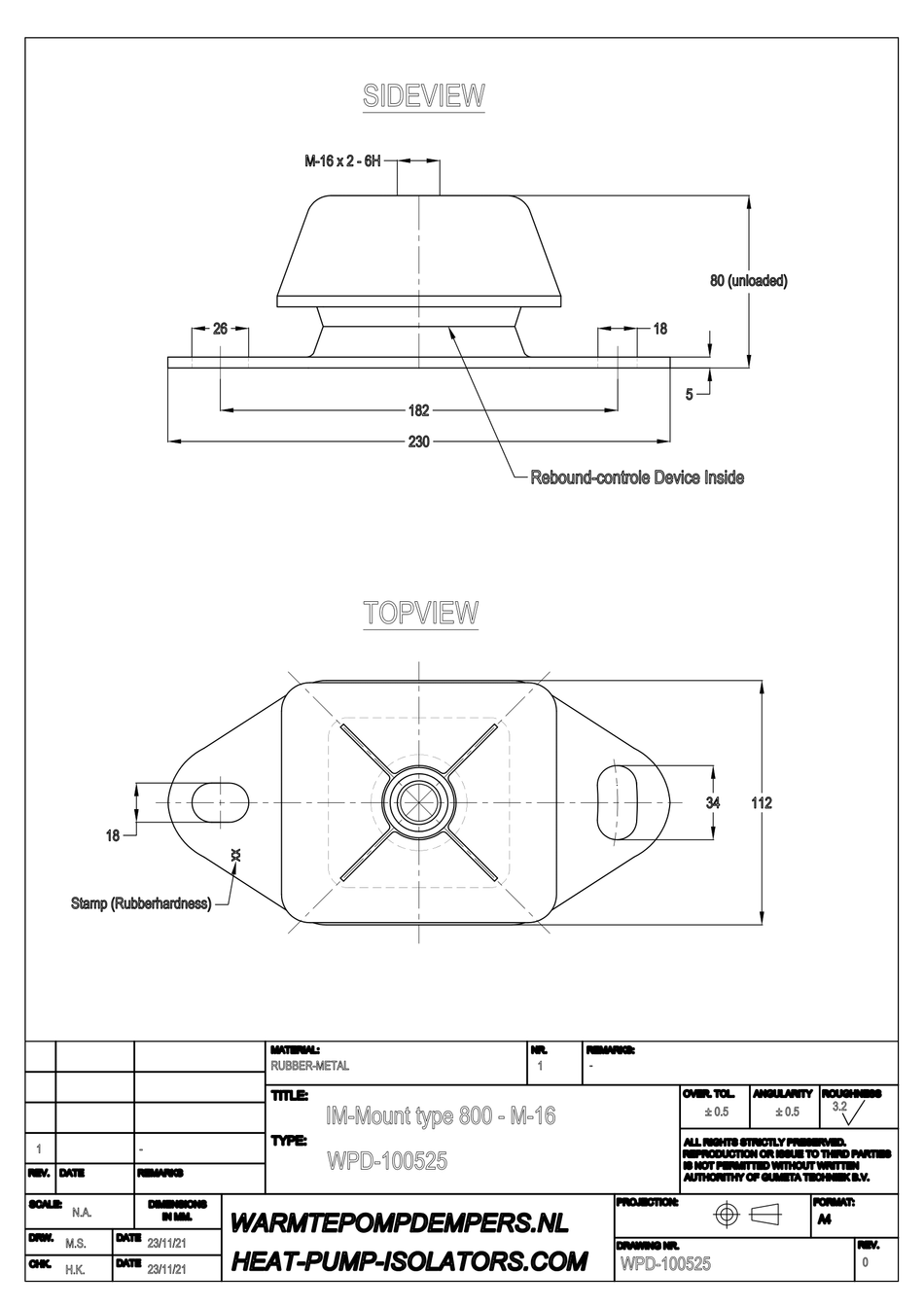 Trillingsdemper Airco / Warmtepomp - IM-Mount type 800 - M16 - 60 shore - max. 500 kg