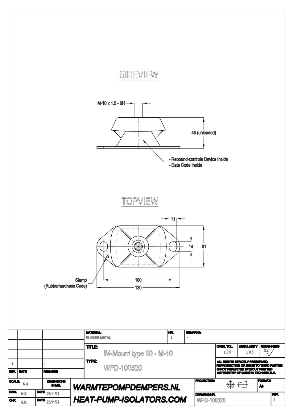 Trillingsdemper Airco / Warmtepomp - IM-Mount type 90 - M10 - 30 shore - max. 35 kg