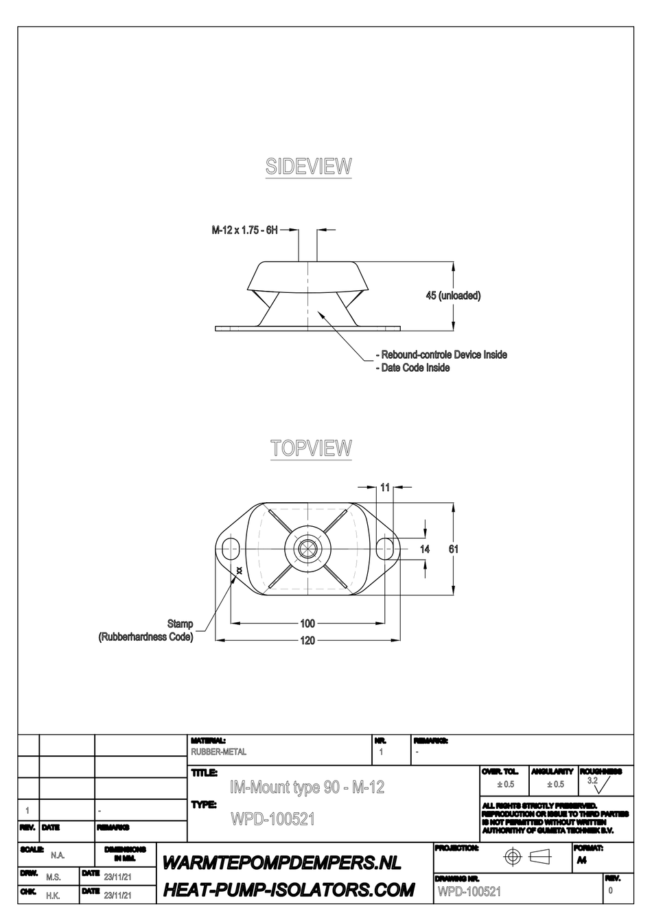 Trillingsdemper Airco / Warmtepomp - IM-Mount type 90 - M12 - 30 shore - max. 35 kg