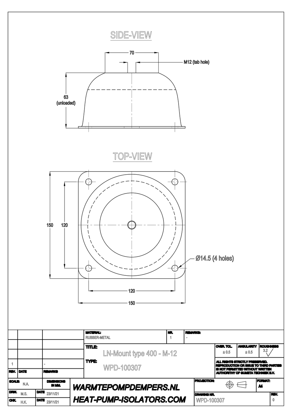 Trillingsdemper Airco / Warmtepomp - LN-Mount type 400 - M12 - 60 shore - max. 375 kg