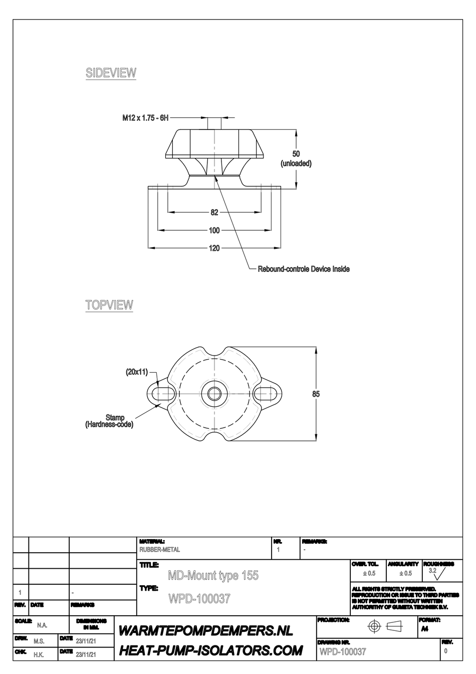 Trillingsdemper Airco / Warmtepomp - MD-Mount type 155 - M12 - 40 shore - max. 30 kg